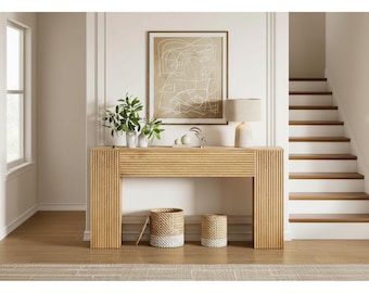 Mesa consola estriada de 61" con almacenamiento oculto – Mesa auxiliar estrecha de madera para recibidor o sofá
