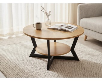 Mesa de centro redonda de madera con almacenamiento de dos niveles: mesa de centro rústica con estructura de metal para sala de estar.