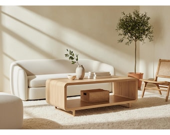 Mesa de centro moderna de madera con estante curvo: mesa de salón rectangular minimalista