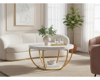 Mesa de centro redonda moderna de imitación de mármol blanco con patas doradas, ideal para sala de estar de dos niveles.