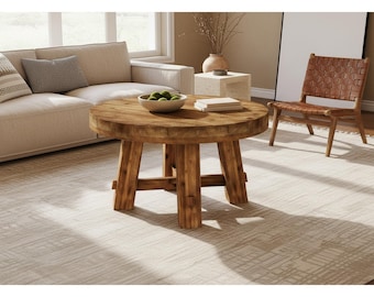 Mesa de centro redonda de madera maciza – Mesa auxiliar moderna de estilo rústico marrón