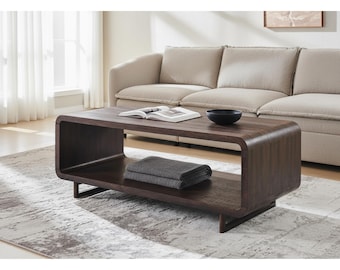 Mesa de centro moderna de madera con estante curvo: mesa de salón rectangular minimalista