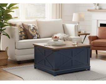 Mesa de centro rústica azul marino con tapa elevable y almacenamiento, mesa de centro cuadrada de madera