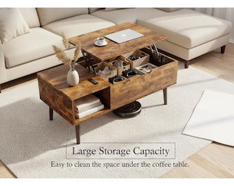 Mesa de centro rústica elevable con almacenamiento oculto, estilo moderno de mediados de siglo