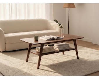 Mesa de centro de roble macizo: diseño moderno de mediados de siglo con estante de almacenamiento