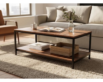 Mesa de centro rústica con estante de almacenamiento: estilo industrial de granja