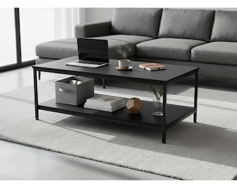 Mesa de centro industrial negra – Mesa de salón de dos niveles con aspecto de madera