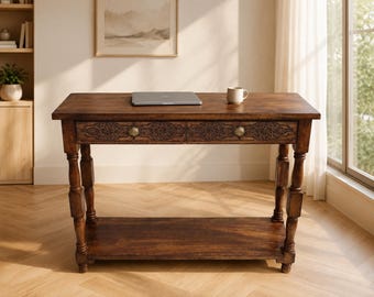 Solid Wood Console, Hand Carved Entryway, Farmhouse Sofa, Antique Brown Hallway Furniture