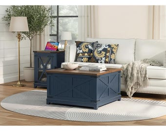 Mesa de centro rústica azul marino con tapa elevable y almacenamiento, mesa de centro cuadrada de madera
