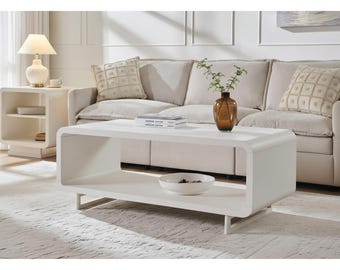 Mesa de centro moderna de madera con estante curvo: mesa de salón rectangular minimalista