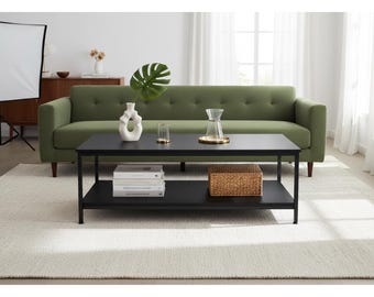 Mesa de centro industrial negra – Mesa de salón de dos niveles con aspecto de madera