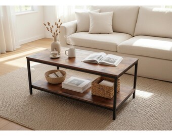 Mesa de centro rústica con estante de almacenamiento: estilo industrial de granja