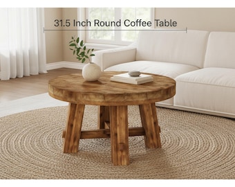 Mesa de centro redonda de madera maciza – Mesa auxiliar moderna de estilo rústico marrón