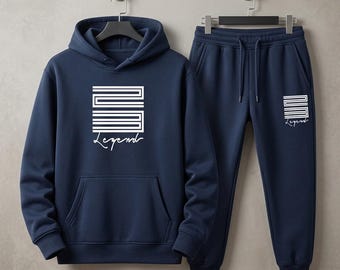 Men’s Printed Navy-Blue Tracksuit Set Hoodie Joggers Matching Sweatsuit Casual Streetwear Outfit
