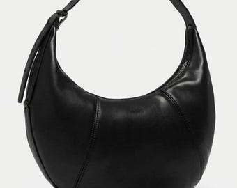 Large Black Leather Hobo Bag, Slouchy Boho Shoulder Purse, Pebbled Work Tote with Stitching