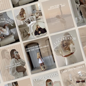 Könnte beinhalten: Ein Raster von Social-Media-Posts mit einer neutralen Farbpalette. Die Beiträge enthalten Texte wie "Bücher, die Sie dieses Jahr lesen müssen", "Wie man Influencer wird" und "Inhaltsideen für Fashion Girls". Die Bilder zeigen Lifestyle-Aufnahmen.