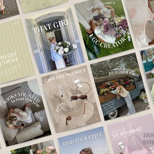 Op de afbeelding: Een collage van lifestyle-afbeeldingen met tekstoverlays. De afbeeldingen bevatten tekst zoals "How to Get More Views", "That Girl", "Books You Need to Read This Year" en "Cant Live Without". Andere afbeeldingen tonen bloemen, accessoires en mensen.