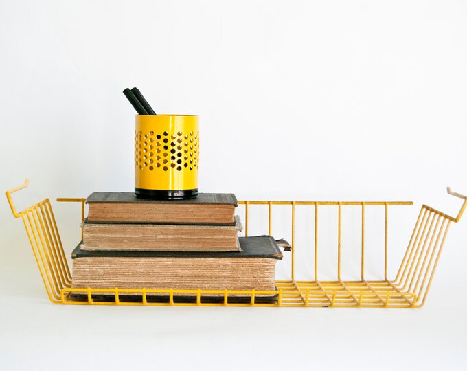 Vintage Yellow Metal Basket Tray Storage Office Etsy