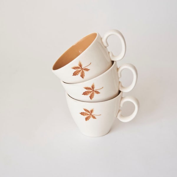Vintage White Coffee Mugs with Caramel Interior Set of Three