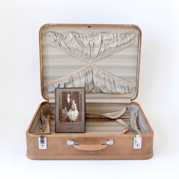 Amelia Earhart Suitcase Hard Camel Colored Case with Stripes Chrome Hardware Elegant Luggage