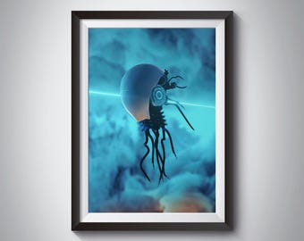 May include: A framed wall art print featuring a surreal, mechanical jellyfish-like creature with a smooth white dome head, intricate metallic gears, and dark, flowing tentacles, set against a vibrant, ethereal blue cloud-like background.