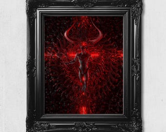 May include: A framed wall art piece featuring a dark, red-toned digital illustration of a central humanoid figure with horns, surrounded by intricate, swirling patterns and a glowing red cross, encased in an ornate, glossy black rectangular frame.