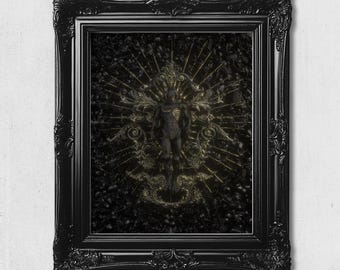 May include: A black ornate frame containing a dark artwork featuring a central human-like figure with a visible ribcage, surrounded by intricate gold filigree and radiating lines against a deep black background filled with subtle skull motifs.