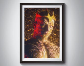 May include: A framed digital art print featuring a figure with a golden crown and intricate, swirling patterns in shades of red, gold, and black covering the skin. The artwork displays a high-contrast, ornate design with a dark, detailed background.