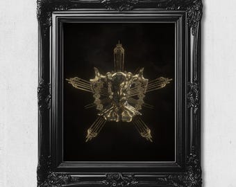 May include: A framed artwork featuring a central gold-toned, textured bust with horn-like protrusions, set against a solid black background. The bust is surrounded by a symmetrical, star-shaped arrangement of thin, gold-colored linear elements.