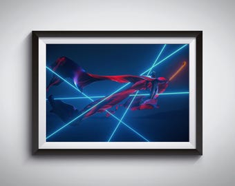 May include: A framed wall art print featuring a dark silhouette figure draped in a flowing red cape, positioned against a deep blue background intersected by bright cyan laser-like light beams and a single glowing orange staff held aloft.