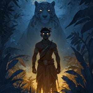Puede incluir: Ilustración de un hombre en una jungla, con un jaguar detrás y una luna llena. El texto "CANEK: EL GUARDIAN DE JUXHITAN" es visible. La obra de arte está en tonos de azul y marrón.