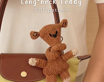 Long Neck Teddy Crochet Pattern, Cute Amigurumi Bag Charm, Gift For Her, Bag Decor, Unique Crochet Gift, Handmade Bag (Digital Download)
