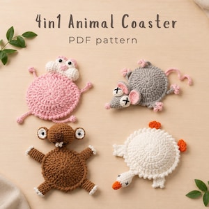 Patrón de ganchillo 4 en 1 para posavasos de animales: ganso, ratón, perezoso y pantera rosa. Ideal como posavasos para tazas o como soporte para tazas de escritorio hecho a mano (descarga digital).
