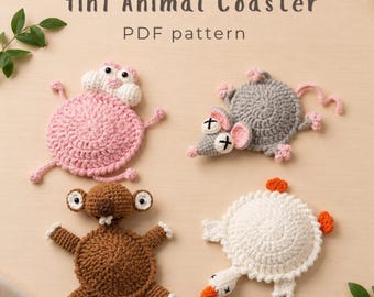 4in1 Animal Coaster Crochet Pattern, Funny Goose, Mouse, Sloth ,Pink Panther Coasters, Mug Rug, Handmade Desk Cup Holder (Digital Download)
