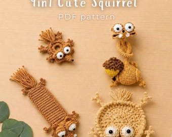 Bundle Squirrel Crochet Pattern, Coaster, Button Cover, Long Neck Squirrel & Squirrel Bookmark, Cute Amigurumi Pattern (Digital Download)