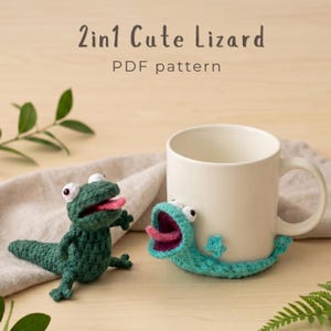 Eidechse 2in1 Häkelanleitung, Amigurumi Eidechse und Mug Rug PDF, niedlicher Tier Untersetzer, Becherhalter Schreibtisch Dekoration (digitaler Download)