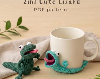2in1 Lizard Crochet Pattern, Amigurumi Lizard and Mug Rug PDF, Cute Animal Coaster, Handmade Cup Holder Desk Decor (Digital Download)