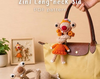 2in1 Long Neck Sid Couple Crochet Pattern, Cute Amigurumi Bag Charm, Ice Age, Gift For Her, Bag Decor, Handmade Bag (Digital Download)