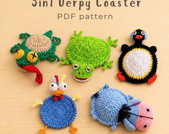 5in1 Animal Coaster Crochet Pattern, Funny Gecko Frog Penguin Chicken Donkey Coasters, Mug Rug, Handmade Desk Cup Holder (Digital Download)