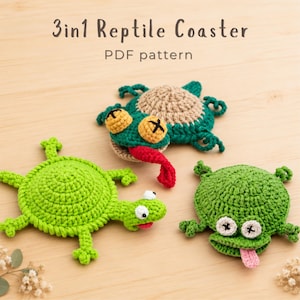 Virkmönster för Gecko, Groda och Ödla Poppar-underlägg, Amigurumi-muggmatta, Handgjord mugghållare, Skrivbordsdekor (Digital nedladdning)