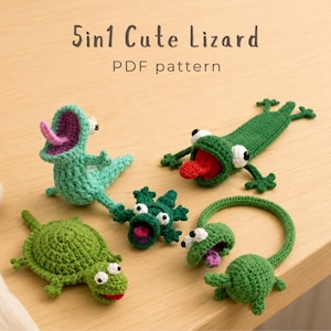 May include: A 5in1 Cute Lizard PDF pattern featuring five distinct crocheted lizard figures in shades of green. The figures include a standing lizard with a purple tongue, a flat lizard, a small lizard, a turtle-like lizard, and a looped lizard.