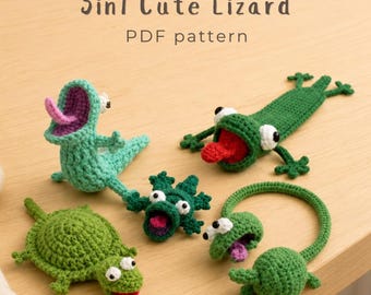 5in1 Reptile Lizard Crochet Pattern, Coaster, Button Cover, Long Neck Lizard And Lizard Bookmark, Cute Amigurumi Pattern (Digital Download)
