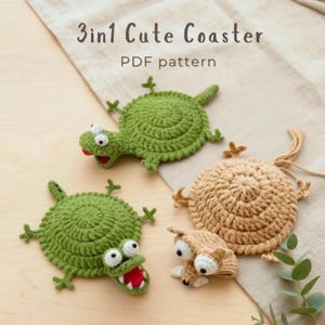 Patrón de posavasos de ganchillo con forma de cocodrilo, ardilla y lagarto, posavasos amigurumi, portavasos hecho a mano, decoración de escritorio (descarga digital).
