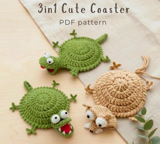 Crocodile, Squirrel & Lizard Popping Coaster Crochet Pattern Bundle