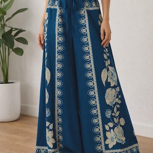 Pantaloni palazzo in stile boho tropicale / Pantaloni da spiaggia a vita alta e gamba larga