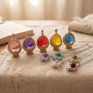 May include: A selection of gold-coloured pendants and necklaces. The pendants showcase vibrant, gem-like spheres in pink, purple, red, yellow, and blue. The necklaces have matching coloured gems. The items are presented on a neutral-toned fabric.