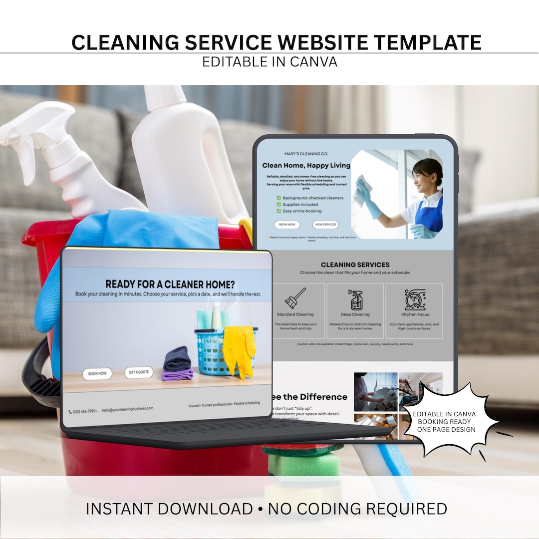Cleaning Service Website Template Editable Canva Design Digital