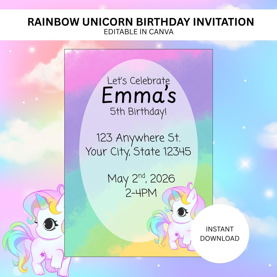 Rainbow Unicorn Birthday Invitation Template Editable Canva Kids Party ...