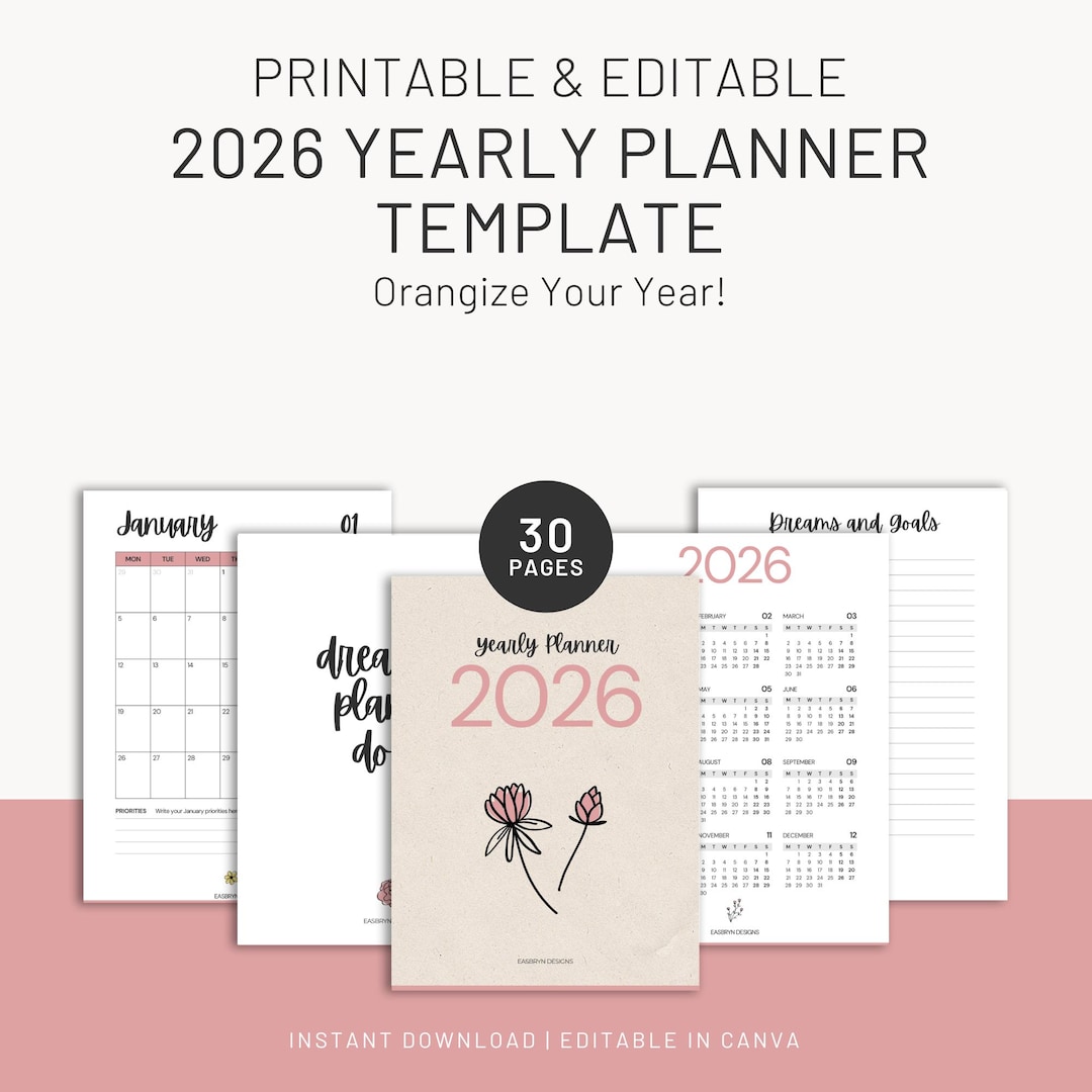 2026 Minimalist Yearly Planner Template Editable Canva Digital Download ...