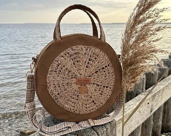 Recycled Denim Shoulder Bag – Upcycled Hazelnut Brown Jeans Cross Body- Round bag